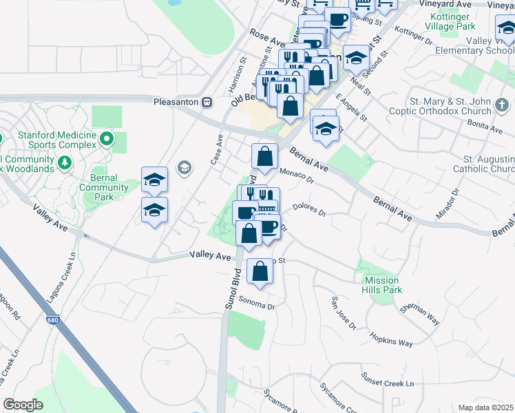 map of restaurants, bars, coffee shops, grocery stores, and more near 5280 Sunol Boulevard in Pleasanton