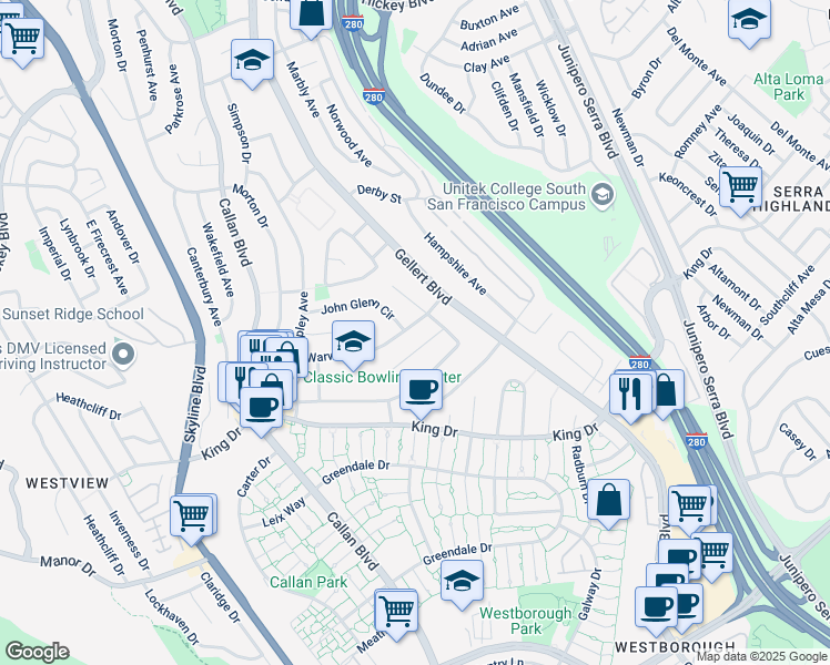 map of restaurants, bars, coffee shops, grocery stores, and more near 127 Warwick Street in Daly City