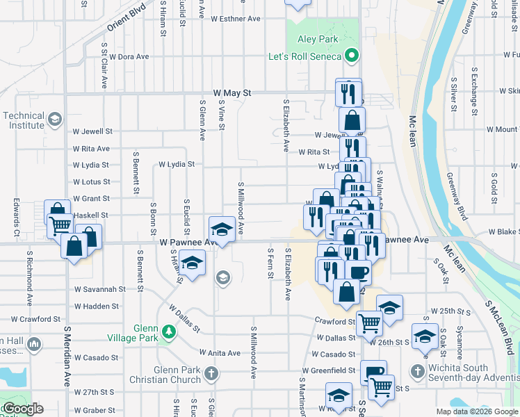 map of restaurants, bars, coffee shops, grocery stores, and more near 1609 West Haskell Street in Wichita