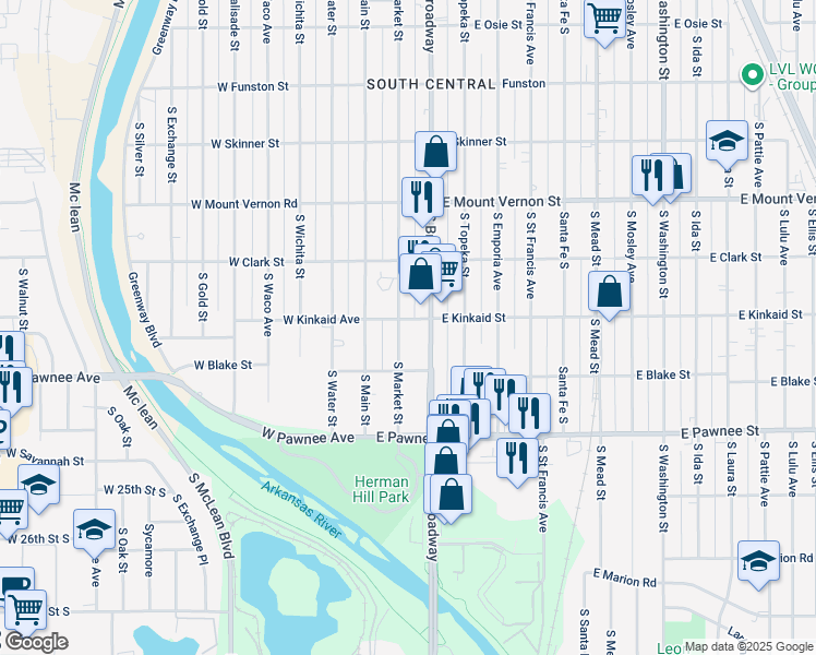 map of restaurants, bars, coffee shops, grocery stores, and more near 2206 South Market Street in Wichita