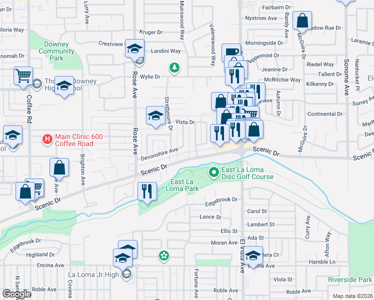 map of restaurants, bars, coffee shops, grocery stores, and more near 601 Brook Vale Drive in Modesto