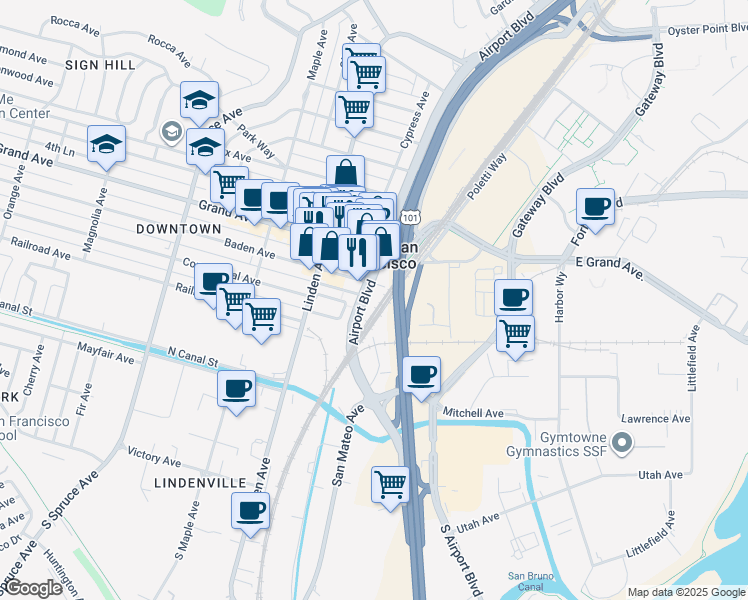 map of restaurants, bars, coffee shops, grocery stores, and more near in South San Francisco