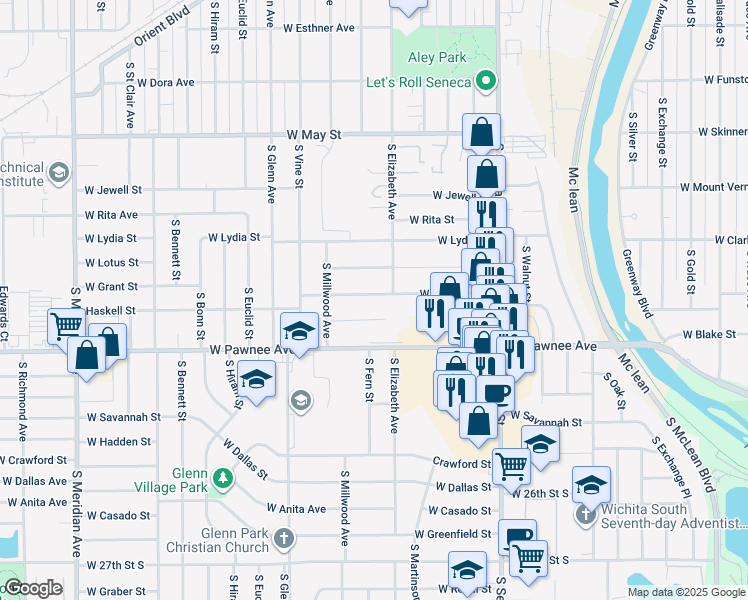 map of restaurants, bars, coffee shops, grocery stores, and more near 1505 West Haskell Street in Wichita