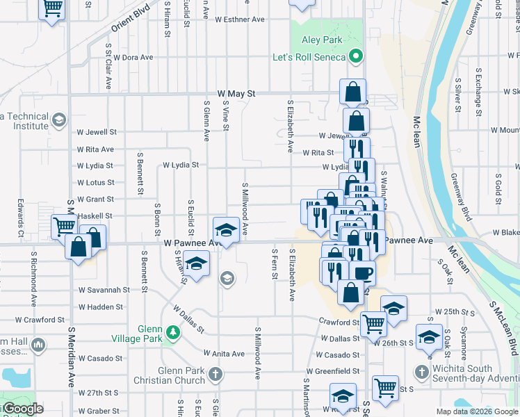 map of restaurants, bars, coffee shops, grocery stores, and more near 1609 West Haskell Street in Wichita