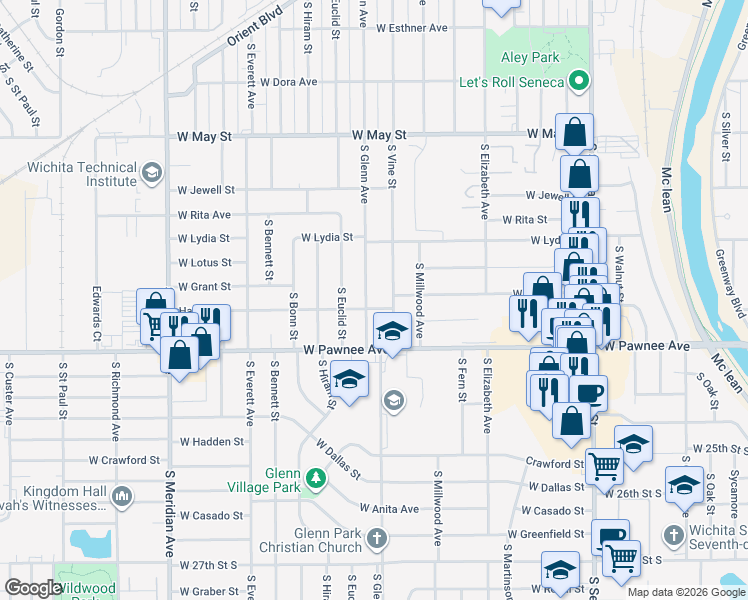 map of restaurants, bars, coffee shops, grocery stores, and more near 1800-1898 Haskell Street in Wichita