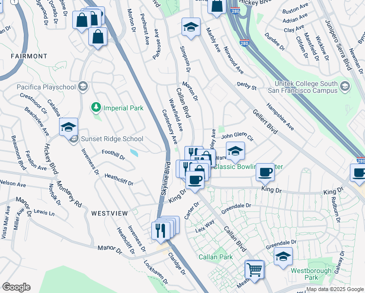 map of restaurants, bars, coffee shops, grocery stores, and more near 116 Canterbury Avenue in Daly City