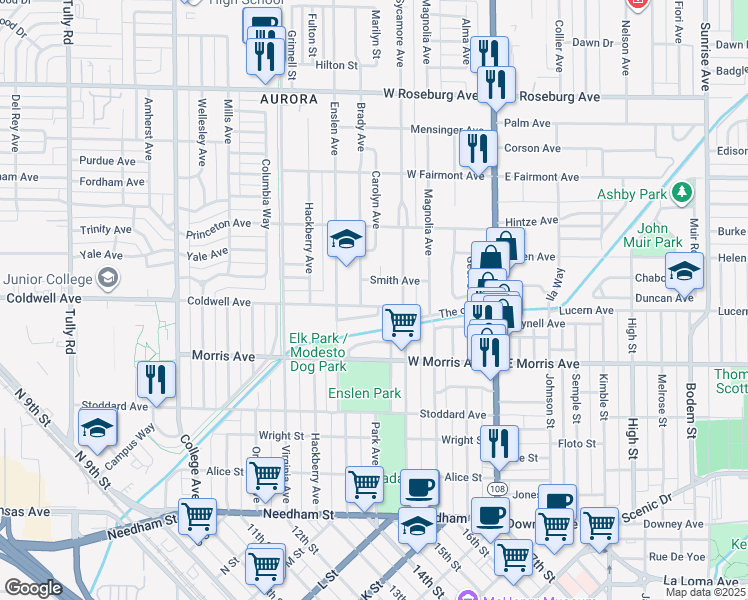 map of restaurants, bars, coffee shops, grocery stores, and more near 423 Coldwell Avenue in Modesto