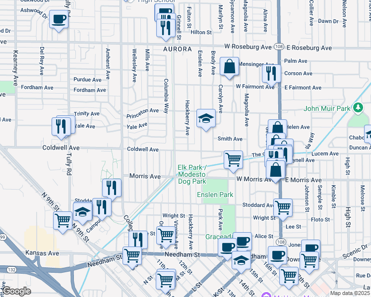 map of restaurants, bars, coffee shops, grocery stores, and more near 605 Hackberry Avenue in Modesto