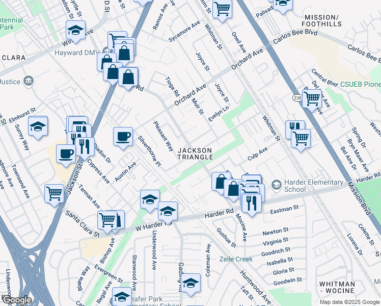 map of restaurants, bars, coffee shops, grocery stores, and more near 25185 Soto Road in Hayward