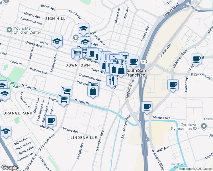 map of restaurants, bars, coffee shops, grocery stores, and more near 334 1st Lane in South San Francisco