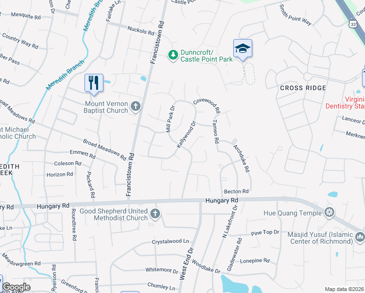 map of restaurants, bars, coffee shops, grocery stores, and more near 4716 Mill Park Drive in Glen Allen