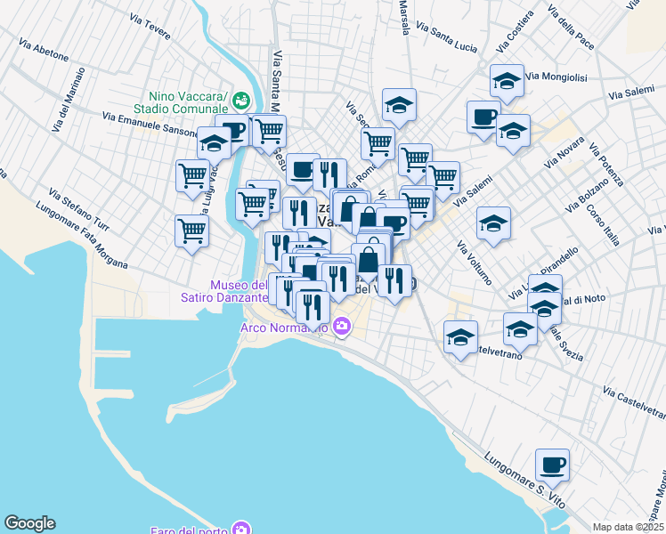 map of restaurants, bars, coffee shops, grocery stores, and more near 2 Via Severino Can. Michele in Mazara del Vallo