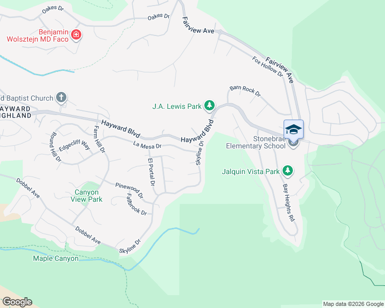 map of restaurants, bars, coffee shops, grocery stores, and more near 3657 La Mesa Drive in Hayward