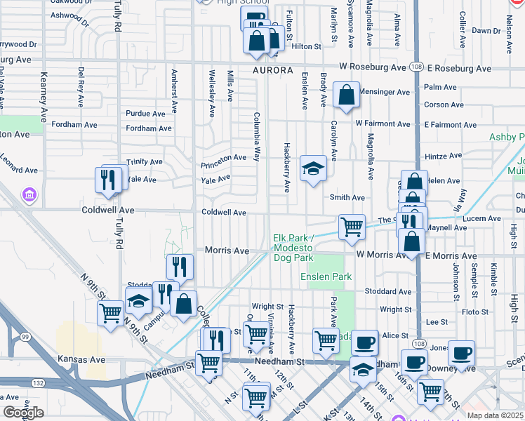 map of restaurants, bars, coffee shops, grocery stores, and more near 601 Virginia Avenue in Modesto