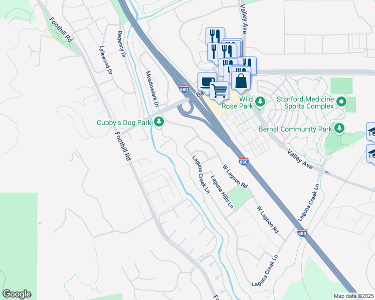 map of restaurants, bars, coffee shops, grocery stores, and more near 2111 Laguna Creek Lane in Pleasanton