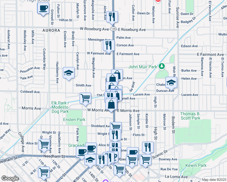 map of restaurants, bars, coffee shops, grocery stores, and more near 601 McHenry Avenue in Modesto