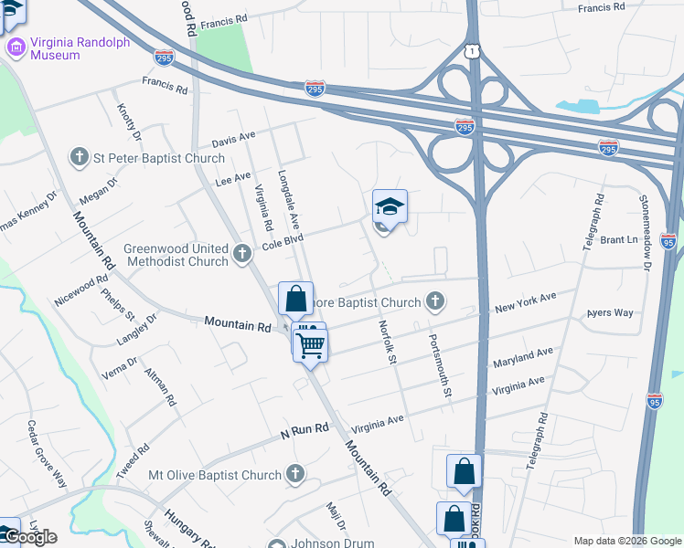 map of restaurants, bars, coffee shops, grocery stores, and more near 1410 Miller Avenue in Glen Allen