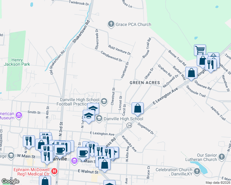 map of restaurants, bars, coffee shops, grocery stores, and more near 439 Chestnut Street in Danville