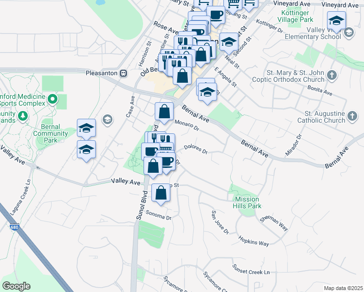 map of restaurants, bars, coffee shops, grocery stores, and more near 4997 Dolores Drive in Pleasanton