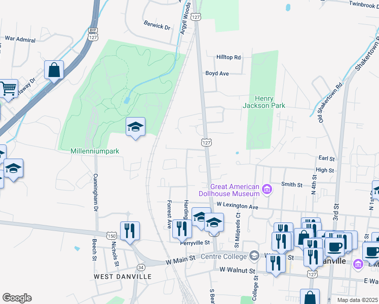 map of restaurants, bars, coffee shops, grocery stores, and more near 922 Rosemont Avenue in Danville
