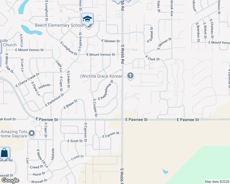 map of restaurants, bars, coffee shops, grocery stores, and more near 2211 South Beech Street in Wichita