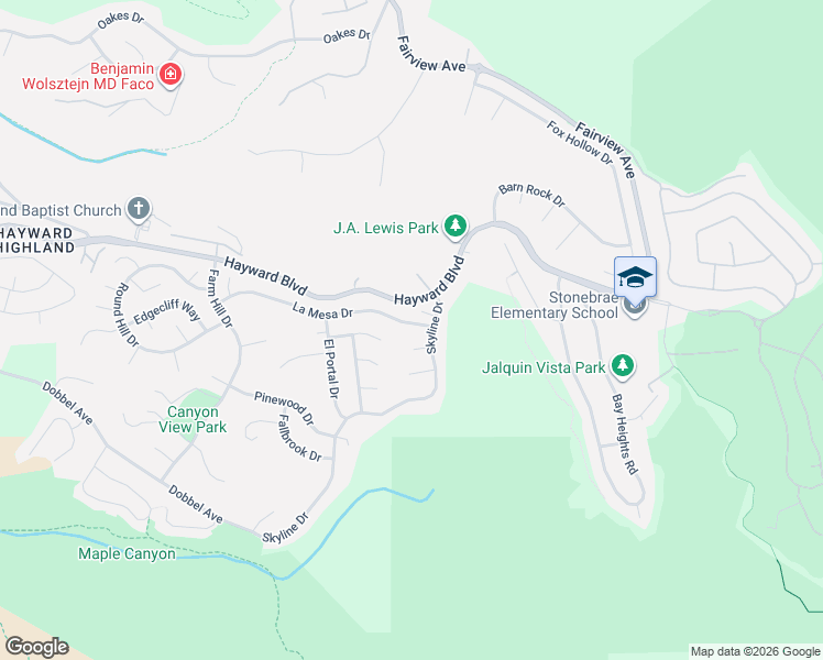 map of restaurants, bars, coffee shops, grocery stores, and more near 3649 La Mesa Drive in Hayward