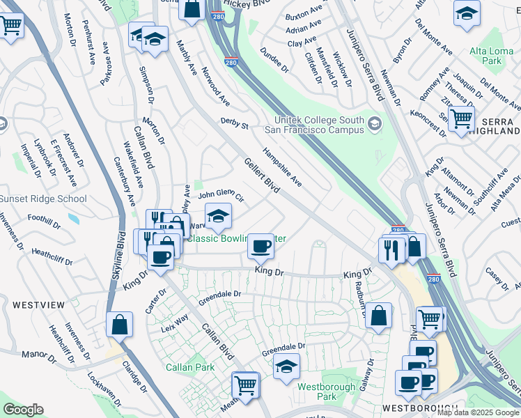 map of restaurants, bars, coffee shops, grocery stores, and more near 127 Warwick Street in Daly City