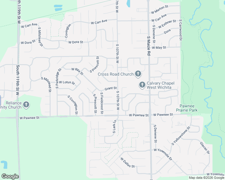 map of restaurants, bars, coffee shops, grocery stores, and more near 10815 Grant Street in Wichita