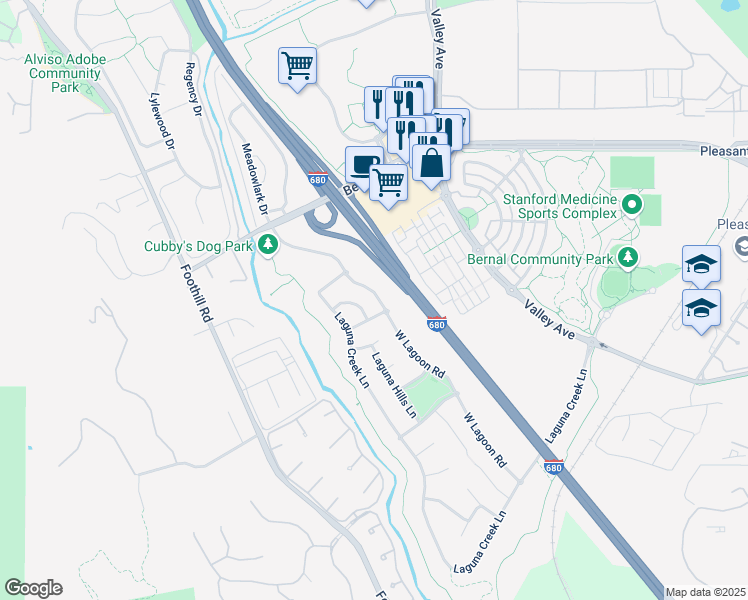 map of restaurants, bars, coffee shops, grocery stores, and more near 2004 West Lagoon Road in Pleasanton