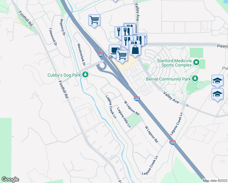 map of restaurants, bars, coffee shops, grocery stores, and more near 7249 Hickorywood Lane in Pleasanton