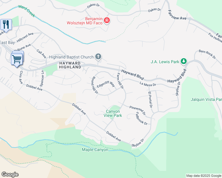 map of restaurants, bars, coffee shops, grocery stores, and more near 27896 Adobe Court in Hayward