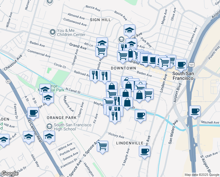 map of restaurants, bars, coffee shops, grocery stores, and more near in South San Francisco