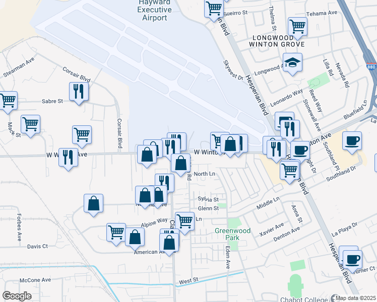map of restaurants, bars, coffee shops, grocery stores, and more near West Winton Avenue in Hayward