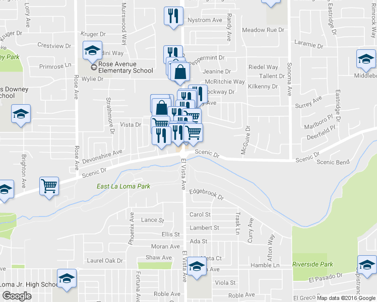 map of restaurants, bars, coffee shops, grocery stores, and more near 2209 Scenic Drive in Modesto