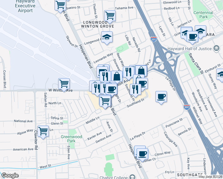 map of restaurants, bars, coffee shops, grocery stores, and more near 24065 Wright Drive in Hayward