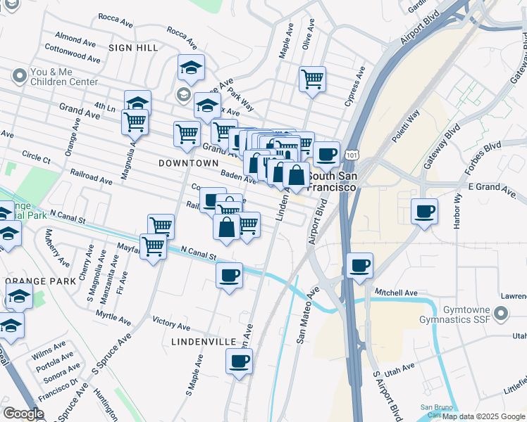 map of restaurants, bars, coffee shops, grocery stores, and more near 334 1st Lane in South San Francisco