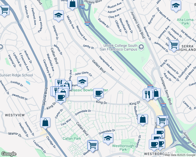 map of restaurants, bars, coffee shops, grocery stores, and more near 127 Warwick Street in Daly City