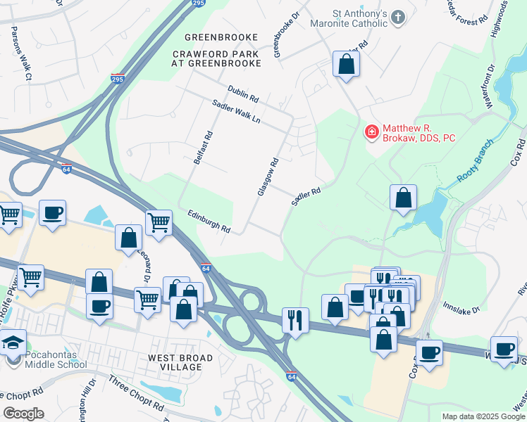 map of restaurants, bars, coffee shops, grocery stores, and more near 4260 Sadler Road in Glen Allen