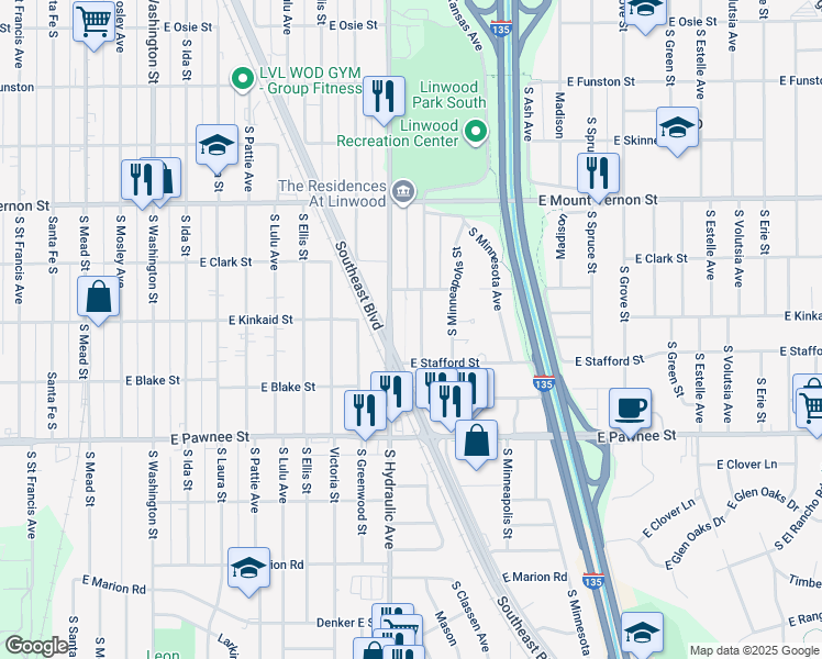 map of restaurants, bars, coffee shops, grocery stores, and more near 2246 South Hydraulic Avenue in Wichita