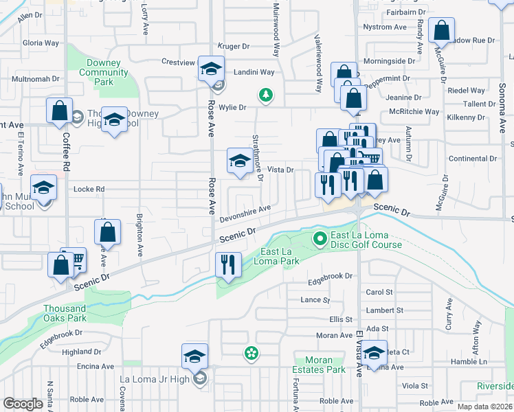 map of restaurants, bars, coffee shops, grocery stores, and more near 1912 Devonshire Avenue in Modesto