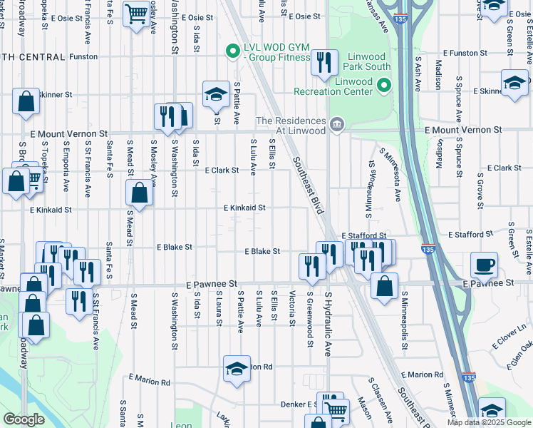 map of restaurants, bars, coffee shops, grocery stores, and more near 2212 South Lulu Street in Wichita