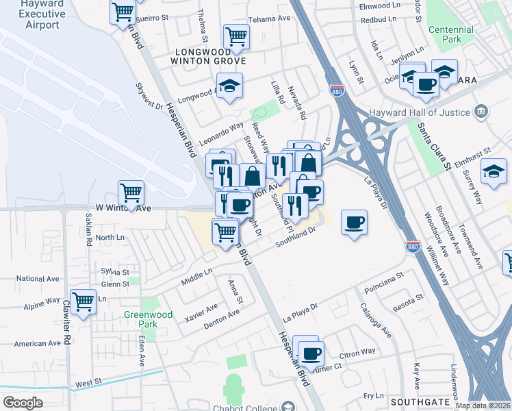 map of restaurants, bars, coffee shops, grocery stores, and more near 951 Jean Way in Hayward