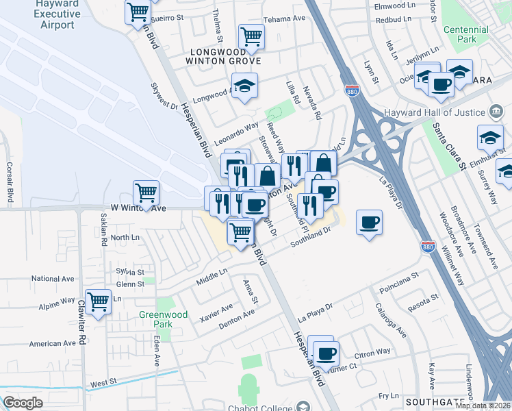 map of restaurants, bars, coffee shops, grocery stores, and more near 24065 Wright Drive in Hayward
