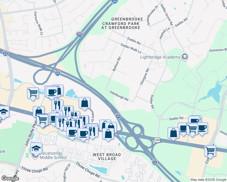 map of restaurants, bars, coffee shops, grocery stores, and more near 11572 Edinburgh Road in Glen Allen