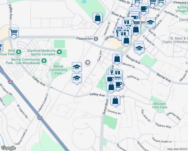 map of restaurants, bars, coffee shops, grocery stores, and more near 5200 Case Avenue in Pleasanton