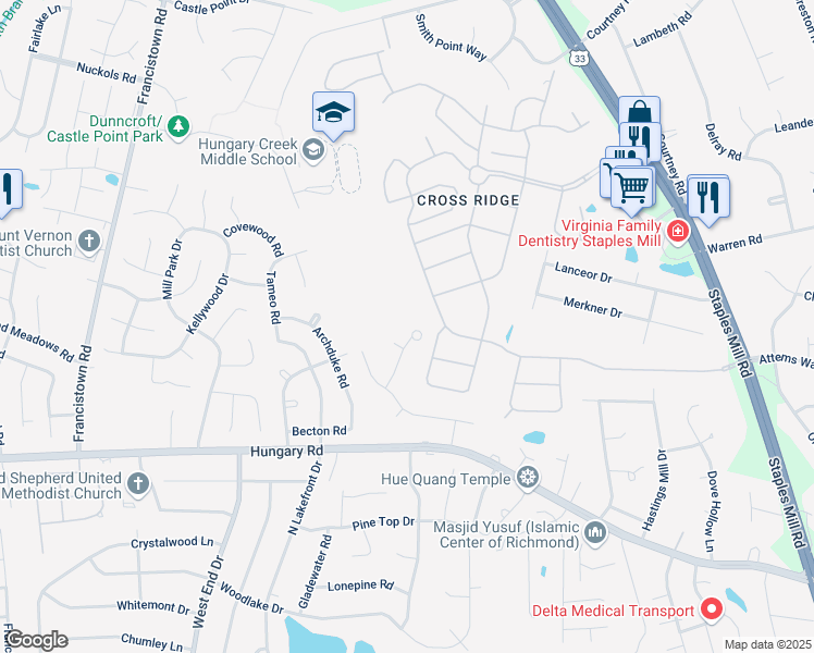 map of restaurants, bars, coffee shops, grocery stores, and more near 4625 Callao Way in Glen Allen