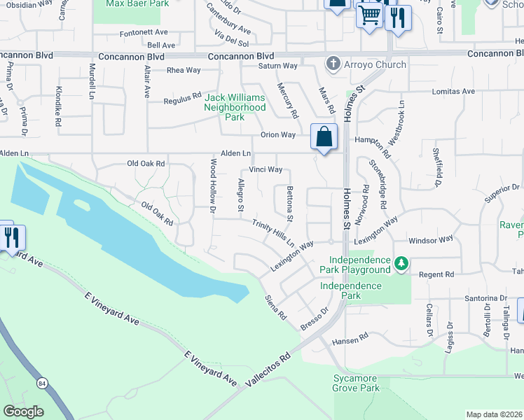 map of restaurants, bars, coffee shops, grocery stores, and more near 2544 Orvieto Court in Livermore