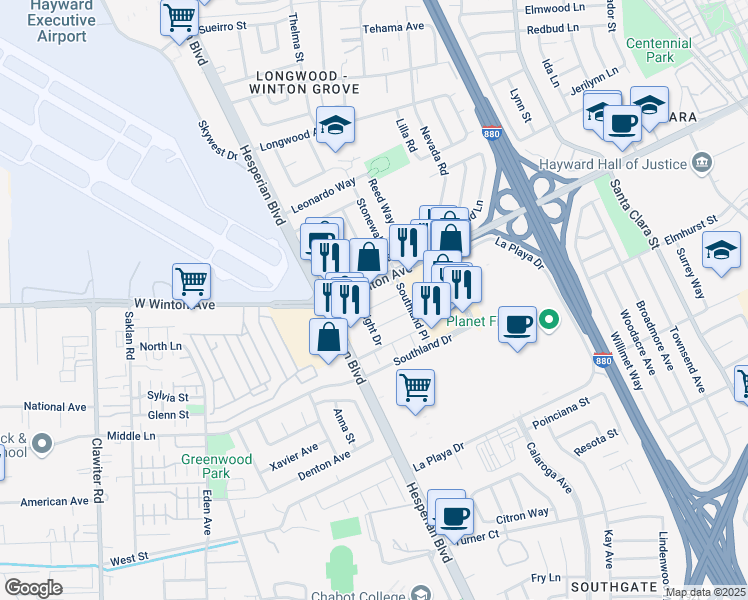map of restaurants, bars, coffee shops, grocery stores, and more near 951 Jean Way in Hayward