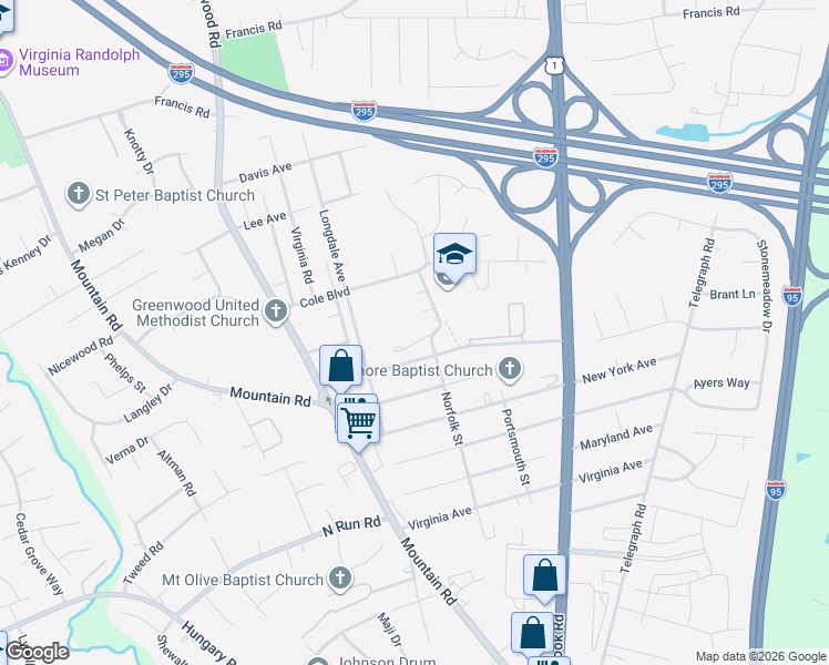 map of restaurants, bars, coffee shops, grocery stores, and more near 1410 Miller Avenue in Glen Allen