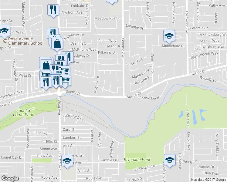 map of restaurants, bars, coffee shops, grocery stores, and more near 2505 Stonebrook Drive in Modesto